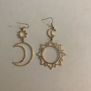 Goldtone Celestial Moon and Sun Drop Earrings, approximately 3" x 3.5"